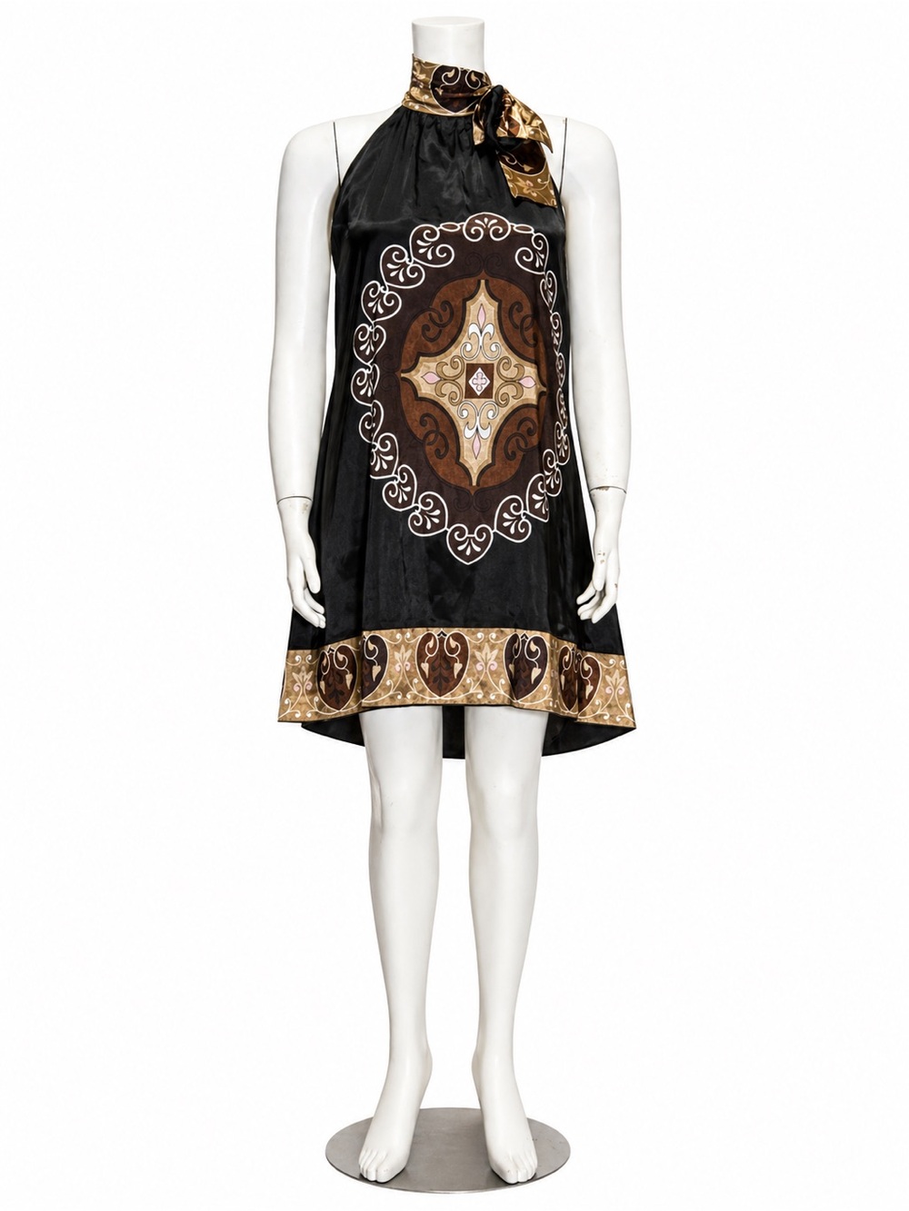 Black Halter Mini Dress with Brown & Gold Medallion